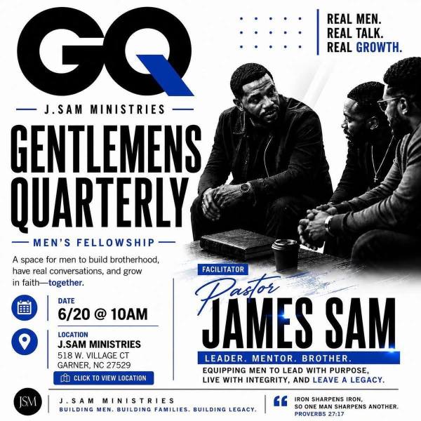 Gentlemen's Quarterly Men's Fellowship flyer — Real Men. Real Talk. Real Growth.