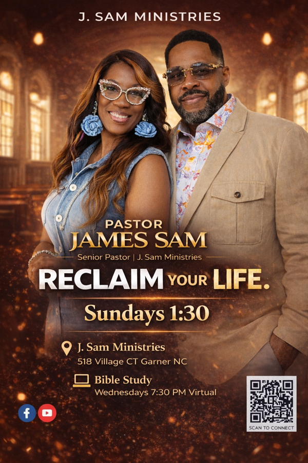 Reclaim Your Life flyer — Pastor James Sam, J. Sam Ministries, Sundays 1:30